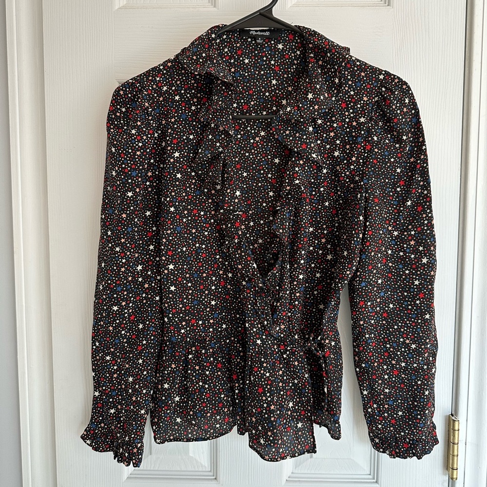 Madewell Women’s Small 100% Silk Ruffle Hem Wrap Blouse Starry Night - Picture 3 of 8
